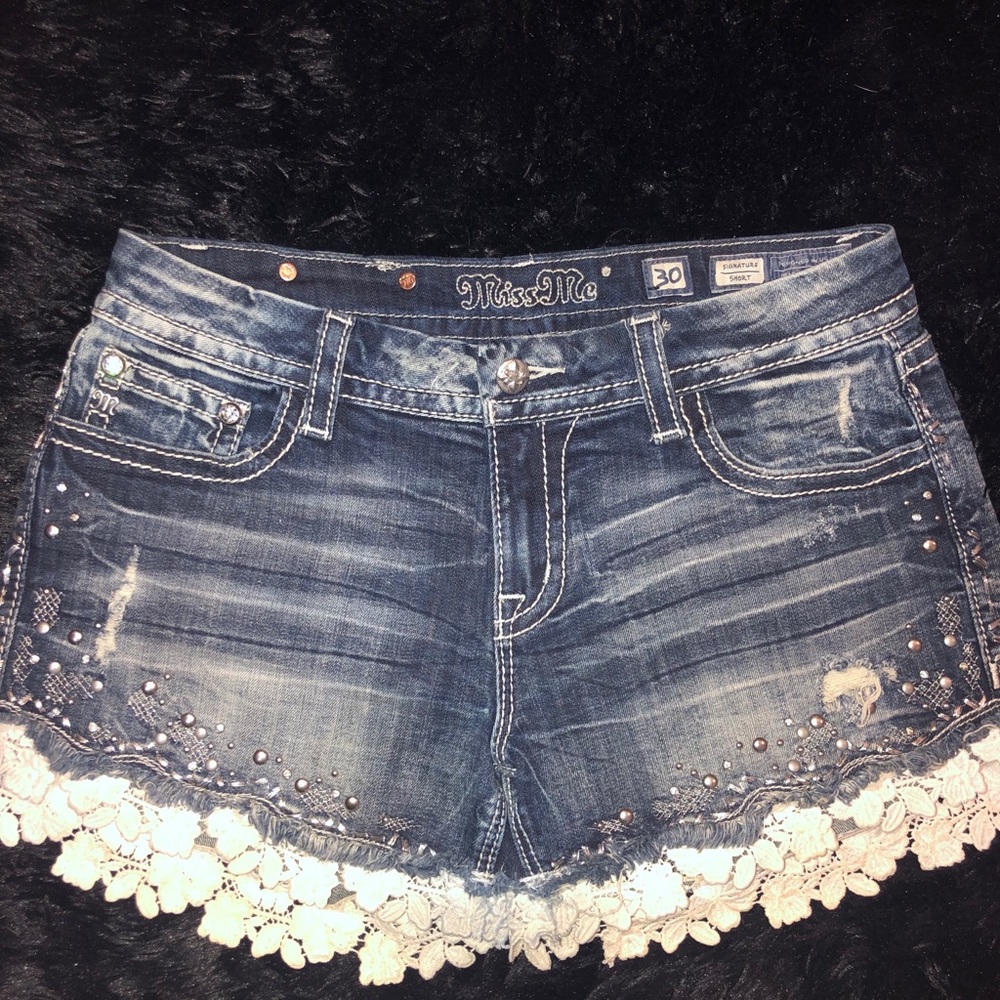 MISS ME Low Rise Frayed Jeweled Jean Shorts